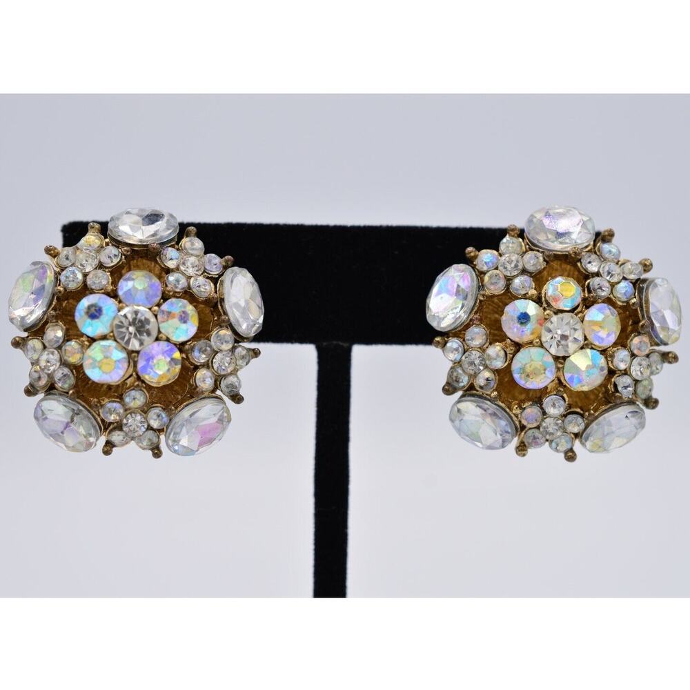Vintage Clip On Earrings Crystal Aurora Borealis Rhinestone Chunky Flower BinAF